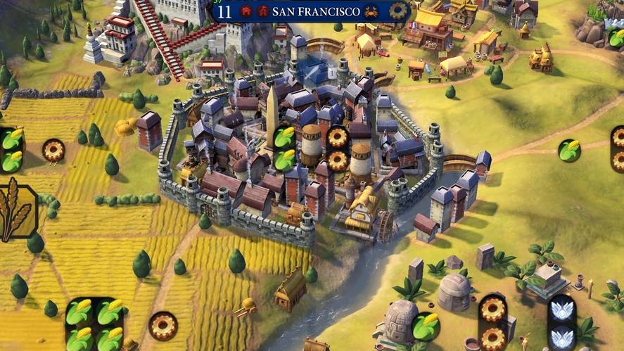 A 4X turn-based strategy screenshot from Civilization VI, showing a zoomed-in tactical view of the city of San Francisco with surrounding farms, mountains, the Potala Palace wonder, resource icons, and top-bar UI indicating turns, yields, and mini-map details.
