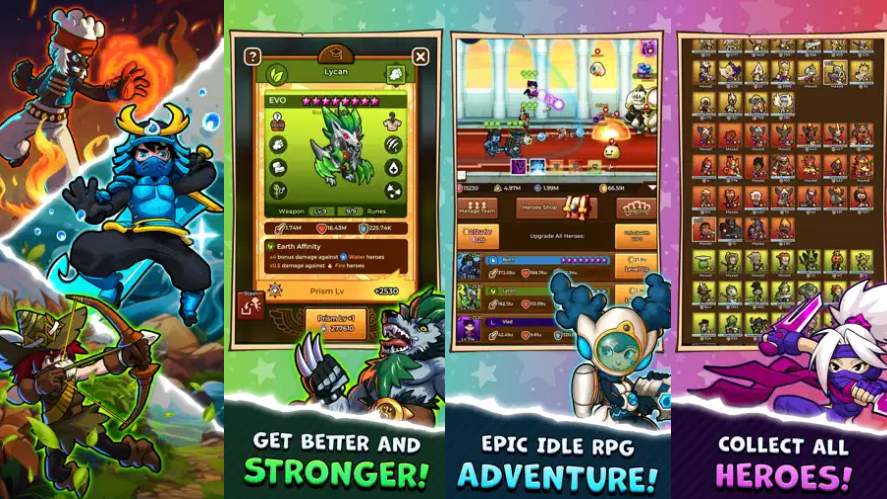 Crush Them All screenshots showing hero management, character upgrades, battle progression, and a large collection of unlockable heroes. The interface highlights character stats, combat, team-building, and progression systems.