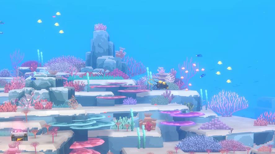 An underwater gameplay screenshot from Dave the Diver, showcasing a vibrant shallow coral reef teeming with colorful fish, rock formations, and marine flora under bright blue water.