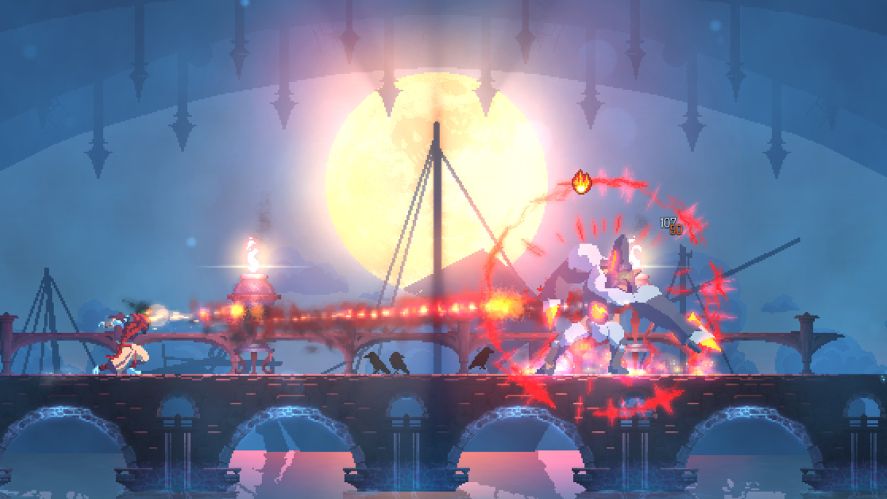 Dead Cells screenshot showing a character firing a long stream of fire across a stone bridge at a boss or enemy surrounded by red magical effects, set against a backdrop of a large full moon, water reflection, and an overhead bridge structure.