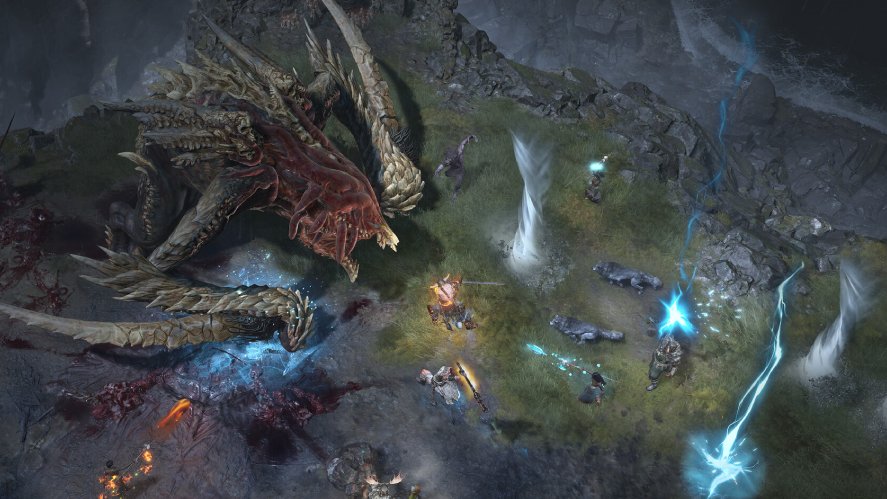 Screenshot from Diablo IV showing a party of heroes battling a massive dragon-like boss with elemental magic, lightning strikes, and melee attacks in a dark, rocky battlefield.