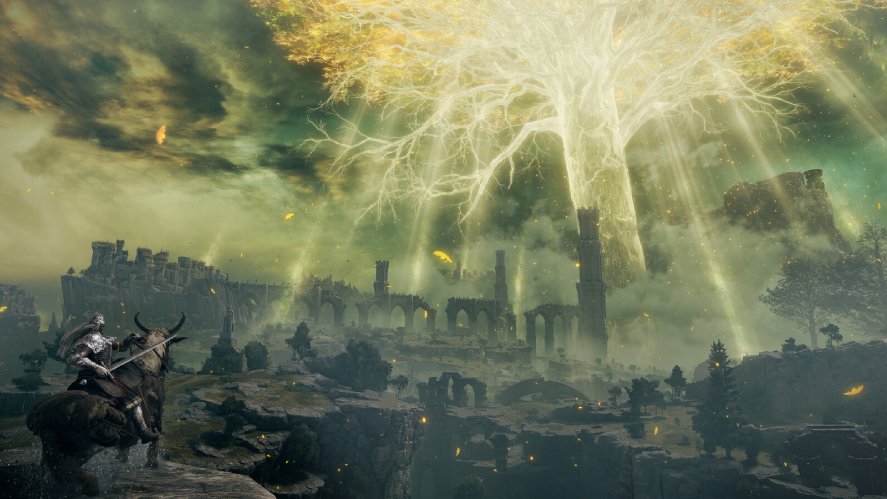 Screenshot from Elden Ring showing a lone armored rider on horseback overlooking the Lands Between, with the glowing Erdtree towering above ancient ruins and a dramatic, mist-covered fantasy landscape.