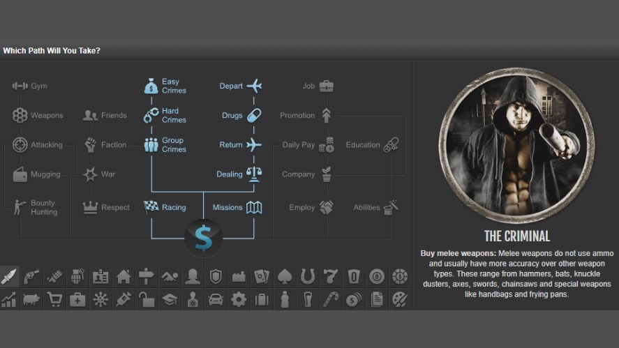 A browser-based text-based MMORPG gameplay or promotional screenshot from Torn, featuring the "Which Path Will You Take?" character path selection menu and game interface, highlighting "The Criminal" archetype with advice on buying melee weapons.