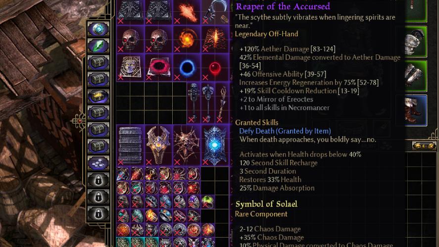 An action role-playing game inventory and item tooltip screenshot from Grim Dawn, showcasing the stats and granted skill ("Defy Death") of the legendary off-hand weapon Reaper of the Accursed alongside various items and components in the player's stash.