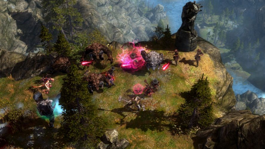 Grim Dawn screenshot featuring a character in the center surrounded by large, bulky monster enemies on a grassy, mountainous cliffside under bright daylight, with a stone statue and pine trees framing the rocky terrain.