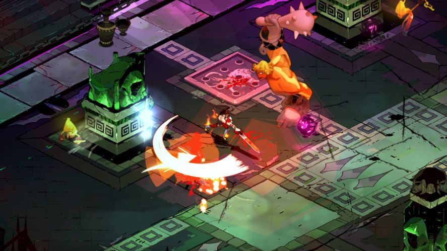 An action-packed, isometric roguelike screenshot from Hades, showing the protagonist swinging a glowing sword mid-combat in a chamber with ornate stone flooring, green pillars, and a large golden enemy lifting a club overhead.