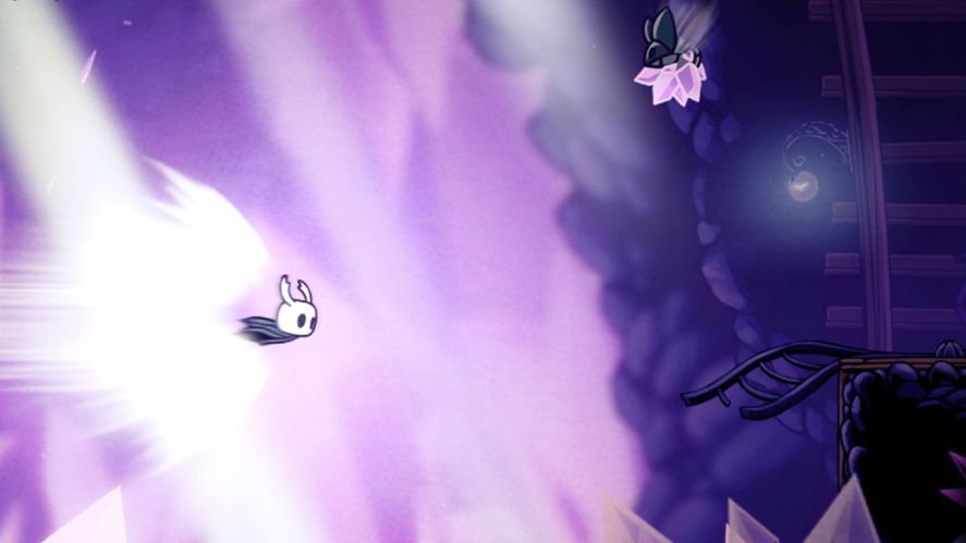 A 2D action-adventure platformer screenshot from Hollow Knight, showing the player character using the Mothwing Cloak dash ability to streak through a vibrant, purple crystal-filled cavern while an enemy and a masked NPC look on near a wooden platform.