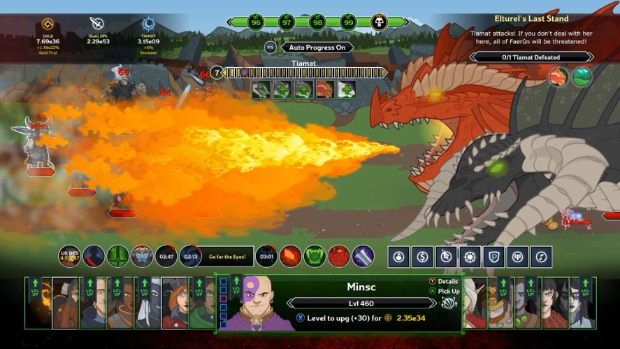 Gameplay screenshot of Idle Champions of the Forgotten Realms featuring the Tiamat boss battle, with the massive five-headed dragon unleashing a fiery breath attack as the player's champion lineup, abilities, auto progress, and boss health bar are displayed.