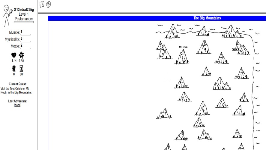 A web-based role-playing game gameplay screenshot from Kingdom of Loathing, showing the character pane on the left with a level 1 Pastamancer named G13adsd235g, stats, and current quest details, alongside the main game view displaying "The Big Mountains" map featuring Mt. Noob.