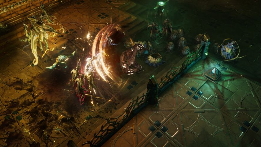 Last Epoch screenshot showing a character unleashing a sweeping melee attack with golden-orange energy arcs and glowing sparks inside a gloomy, golden-toned temple interior surrounded by enemy creatures.