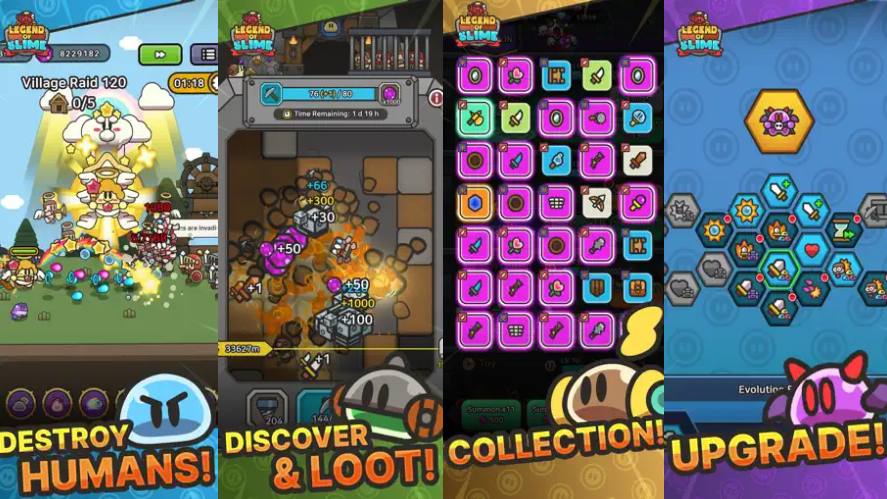 Legend of Slime gameplay collage highlighting core features, including battling waves of enemies, collecting loot, managing equipment, and upgrading abilities through a hexagonal skill tree.