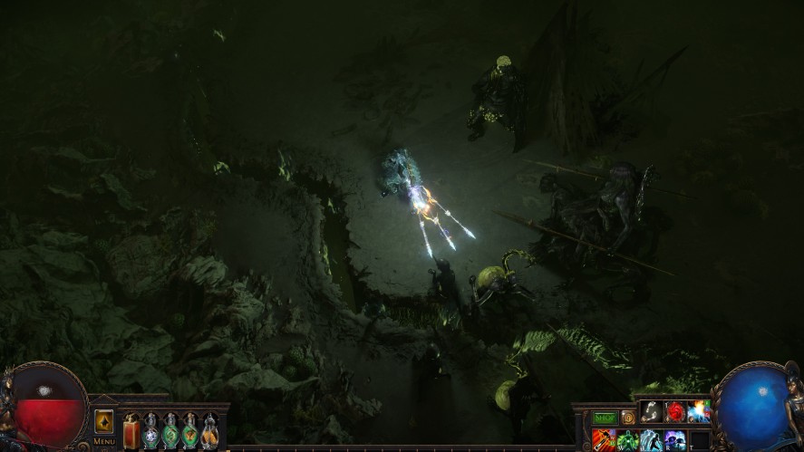 Path of Exile screenshot showing a character casting a spell with bright blue and white projectile trails in a dark, cavernous, or swampy environment filled with greenish-brown rock formations and multiple hostile creatures closing in.