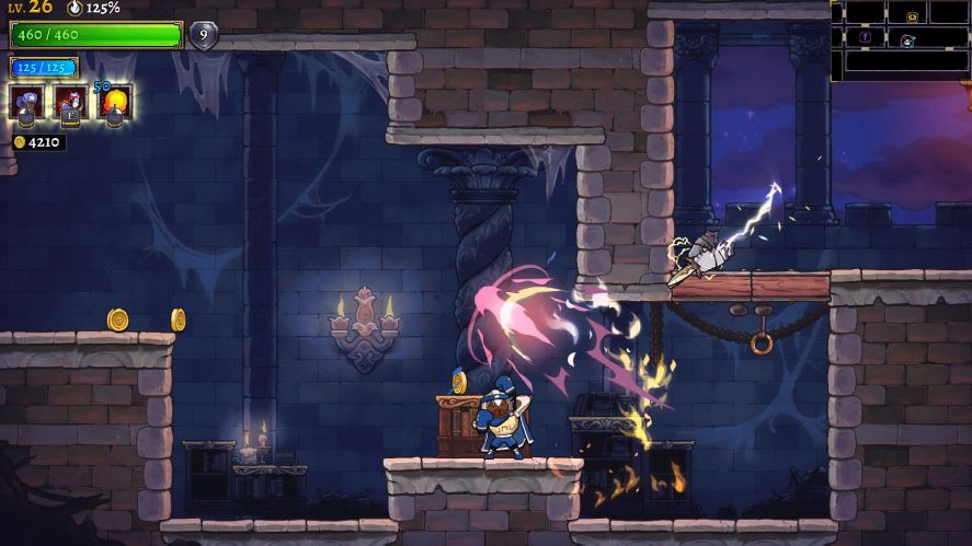 A 2D platformer screenshot from Rogue Legacy 2, showing a character using an ability that creates pink and yellow magical effects near a platform with a chest and coins, set inside a stone castle dungeon with pillars, bookshelves, cobwebs, and a mini-map in the top-right corner.