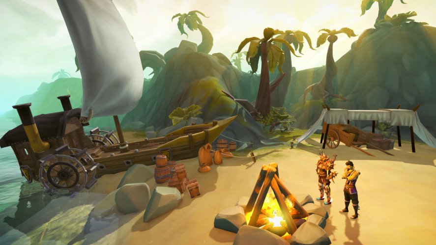 Screenshot from RuneScape showing a tropical island campsite with a docked sailboat, campfire, palm trees, and two adventurers standing on a sandy beach in a bright coastal environment.