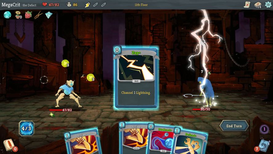 A deck-building roguelike gameplay screenshot from Slay the Spire, featuring the Defect character on the 11th floor battling an enemy, with the card "Zap+" highlighted in the center, cards in hand at the bottom, and top UI displaying health, gold, and energy.