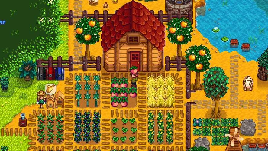 A top-down farming simulation gameplay screenshot from Stardew Valley, showing a well-established farmhouse surrounded by organized crop plots, fruit trees, storage chests, a well, and a nearby pond with a character walking near the entrance.