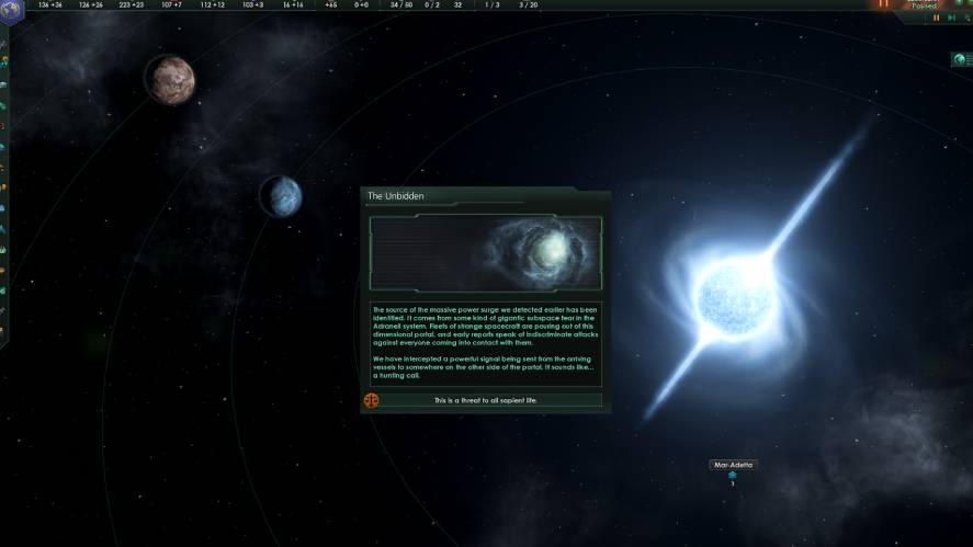 A grand strategy space game screenshot from Stellaris, showing a system view with a bright pulsing star on the right, orbital rings, planets, and a prominent event popup titled "The Unbidden" describing a dimensional portal outbreak in the Adraneil system.