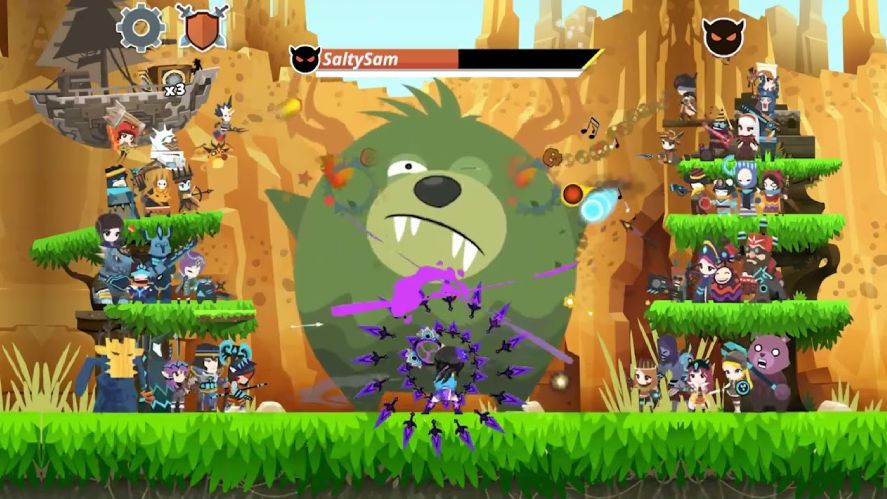 Gameplay screenshot of Tap Titans 2 showing heroes attacking the giant boss SaltySam, with player units positioned on both sides of the battlefield, the boss health bar at the top, and combat effects filling the center of the screen.