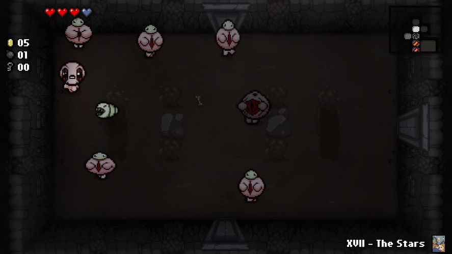 A top-down roguelike gameplay screenshot from The Binding of Isaac, showing the playable character Isaac on the left side of a dark, stone-walled dungeon room surrounded by multiple fleshy enemies, a white grub-like creature, and UI elements displaying health, coins, bombs, keys, and a map in the top corners.