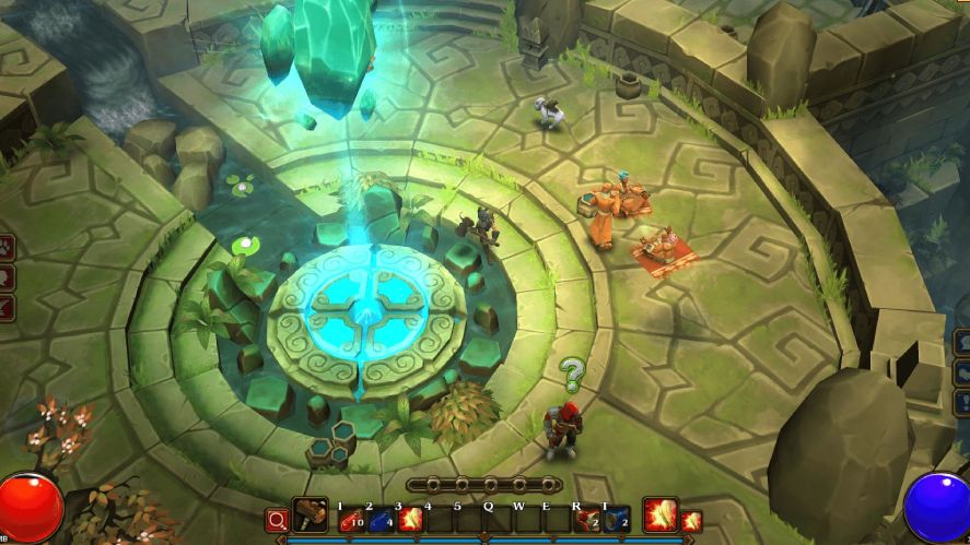 An isometric action RPG screenshot from Torchlight, showing a character standing near a glowing blue magic portal and a floating crystal shard in a circular stone courtyard area with nearby NPCs, a companion pet, and game UI elements like health and mana orbs at the bottom corners.
