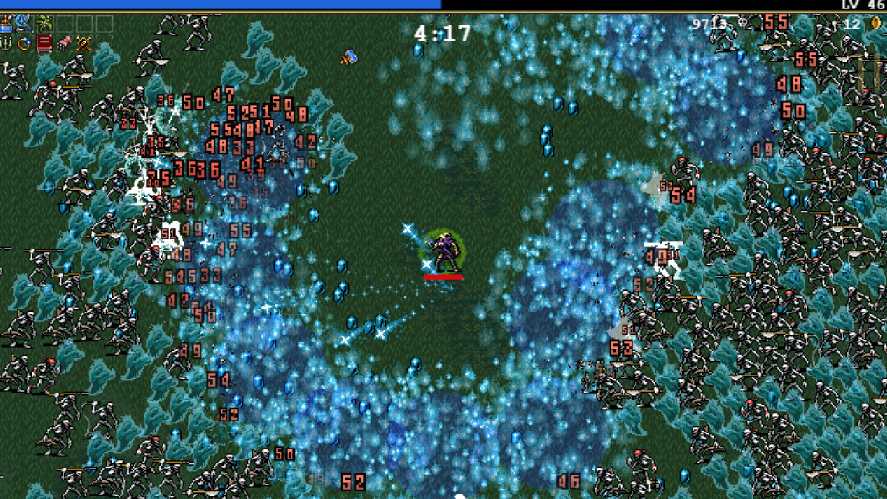 A bullet hell/roguelike survival gameplay screenshot from Vampire Survivors, showing a character surrounded by a massive horde of skeleton enemies in a forest stage, unleashing large circular blue magical area-of-effect attacks while damage numbers and experience gems fill the screen, with level, timer, and status indicators visible at the top.