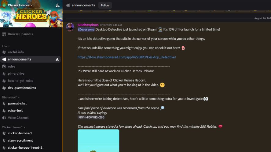 Screenshot of the official Clicker Heroes Discord server displaying an announcement channel post with details about the Steam launch of Desktop Detective, an update note on Clicker Heroes Reborn, and a cipher code puzzle for 250 Rubies.