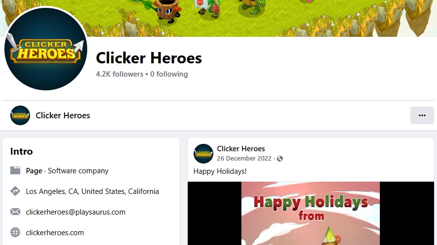 Screenshot of the official Clicker Heroes Facebook page, displaying the intro details, contact email, website link, and a cover/post image wishing happy holidays.