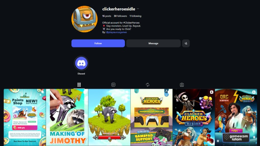 Screenshot of the official Clicker Heroes Instagram profile page (clickerheroesidle), showing account details, a Discord link button, and a grid of recent game updates and media posts.