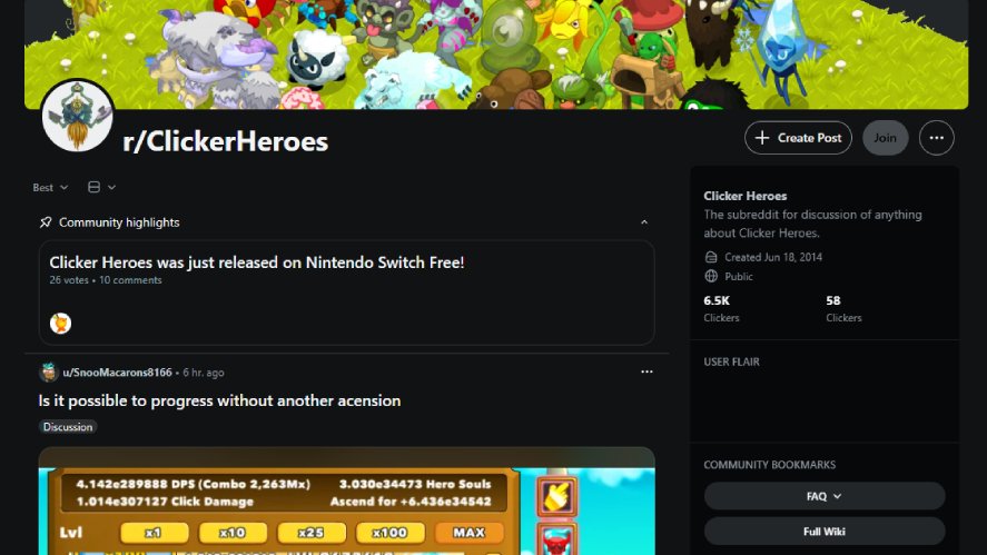 Screenshot of the official Clicker Heroes subreddit page (r/ClickerHeroes), featuring community rules, pinned highlights, member count, and user posts.