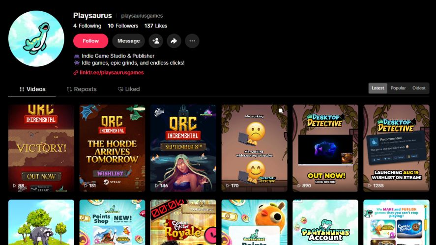 Screenshot of the Playsaurus developer TikTok profile page (playsaurusgames), highlighting game updates, video posts, and links to their games portfolio.