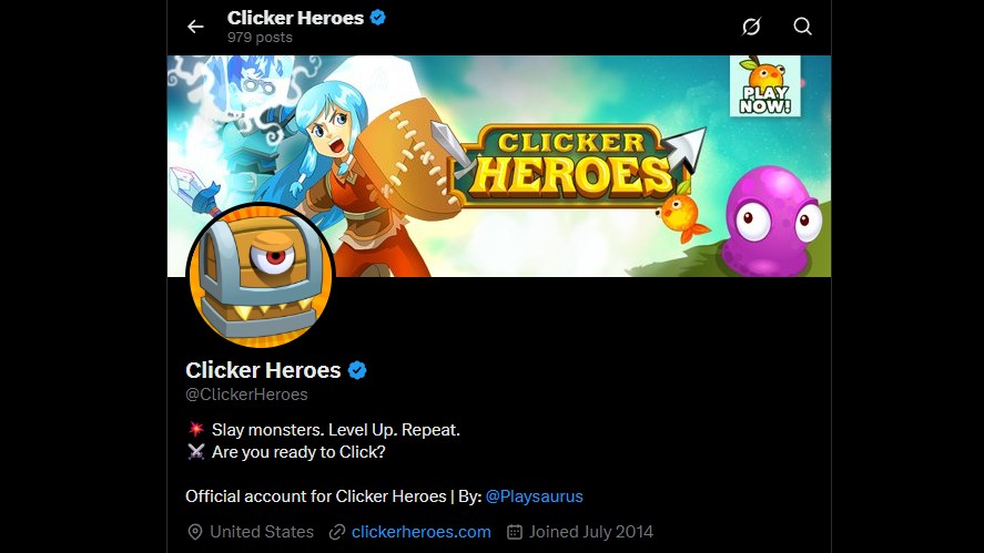Screenshot of the official Clicker Heroes X (Twitter) profile page (@ClickerHeroes), displaying the cover art header with characters, a mimicking chest profile icon, bio information, and external links.