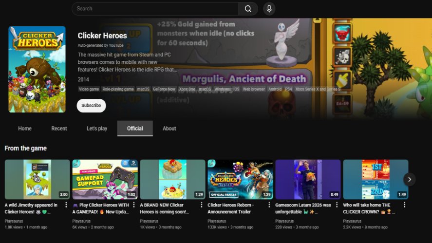 Screenshot of the Clicker Heroes official YouTube channel page, featuring the game title, description, platforms list, and a carousel of recent official video uploads.