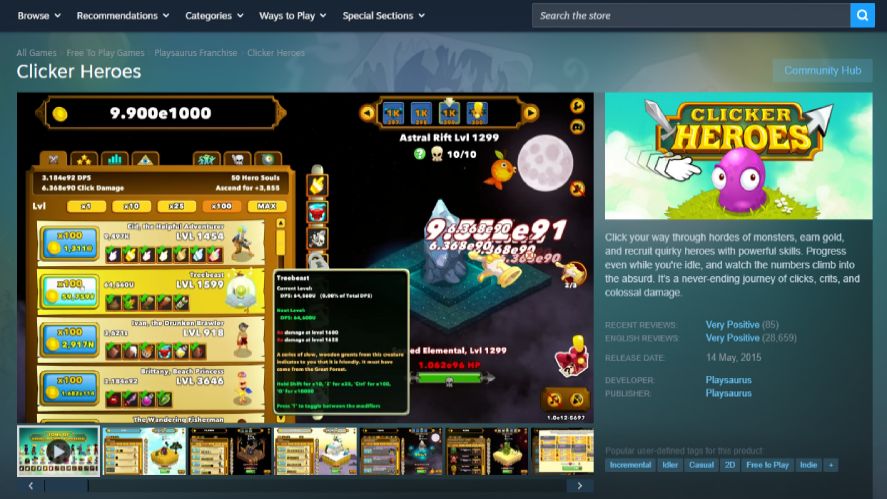 Screenshot of the Clicker Heroes Steam store page, showing game screenshots of gameplay UI, reviews summary, release date, and developer metadata.