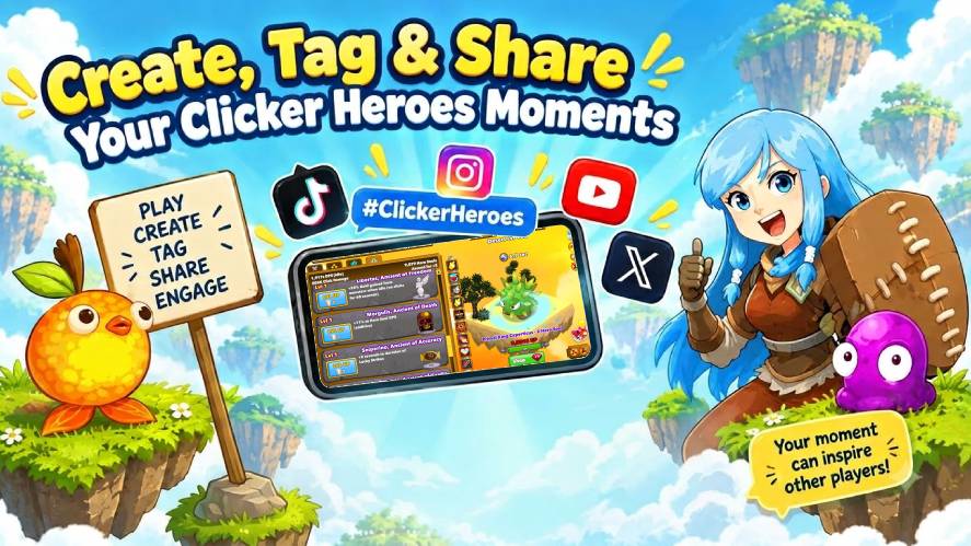 Promotional banner for Clicker Heroes featuring the text "Create, Tag & Share Your Clicker Heroes Moments" with a smartphone displaying gameplay, social media icons (TikTok, Instagram, YouTube, X), game characters, and signposts encouraging player content creation.