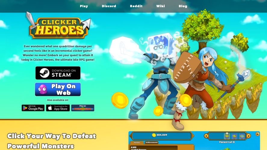 Screenshot of the official Clicker Heroes website landing page, displaying download links for Steam, Web browser, Google Play, App Store, and Coolmath Games alongside character artwork.