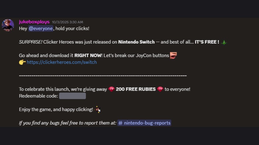Screenshot of a Discord announcement message celebrating the free release of Clicker Heroes on Nintendo Switch, featuring a download link, a promo code for 200 free Rubies, and a link to the #nintendo-bug-reports channel.