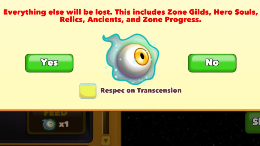 A close-up view of the Clicker Heroes Transcension confirmation screen showing red warning text stating that Zone Gilds, Hero Souls, Relics, Ancients, and Zone Progress will be lost, above a "Respec on Transcension" checkbox, an Ancient Soul graphic, and "Yes" and "No" selection buttons.