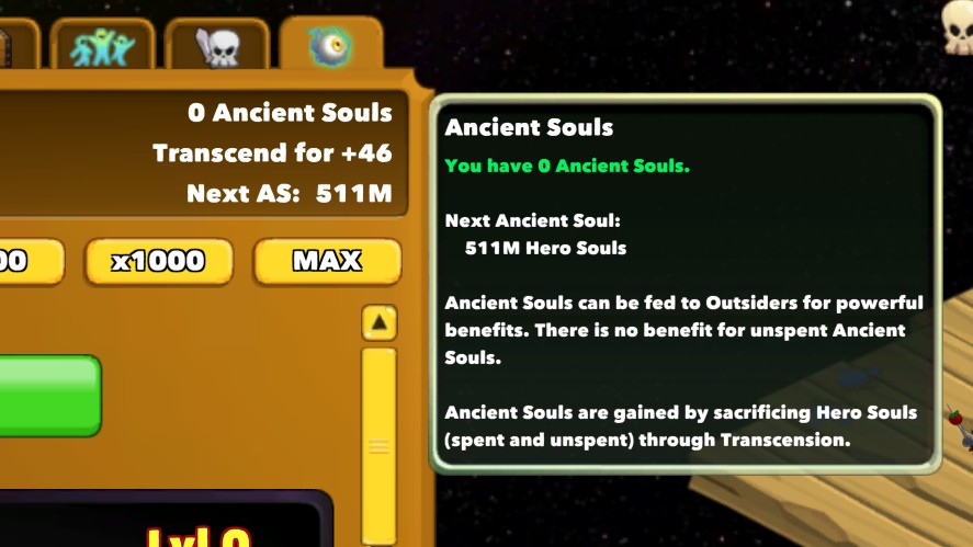 Gameplay screenshot of Clicker Heroes displaying the Ancient Souls tab with an informational pop-up window explaining how Ancient Souls work.