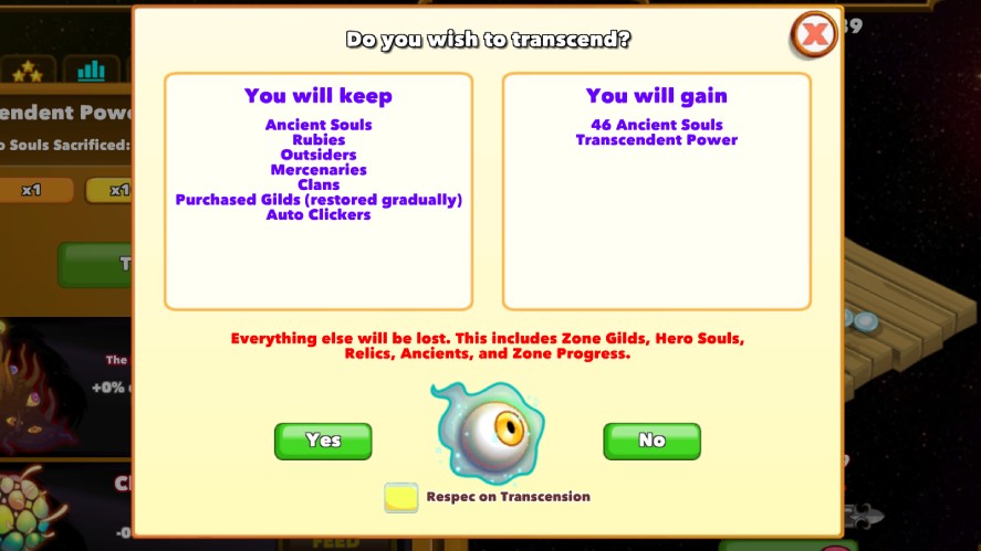 A Clicker Heroes confirmation window asking "Do you wish to transcend?" detailing what progress will be kept and gained, including 46 Ancient Souls and Transcendent Power, versus what progress will be reset upon transcending.