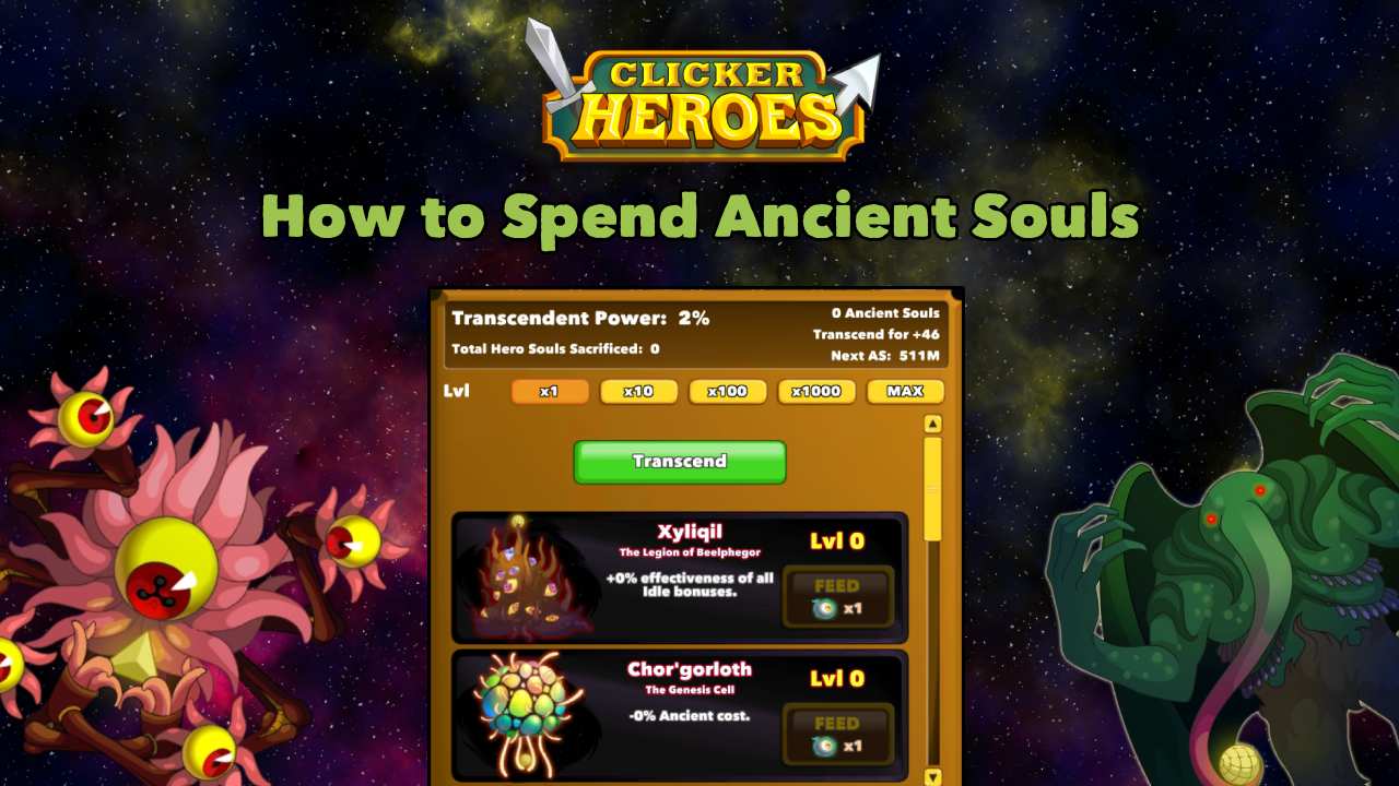 A guide graphic for Clicker Heroes titled "How to Spend Ancient Souls" showing the Transcendent Power menu in space, featuring options to feed Outsiders like Xyliqil and Chor'gorloth.