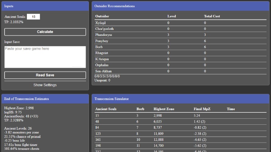 A web tool interface displaying a Clicker Heroes Outsider calculator with sections for inputting game saves, calculating recommended Outsider level allocations, and viewing transcension estimates and simulations.