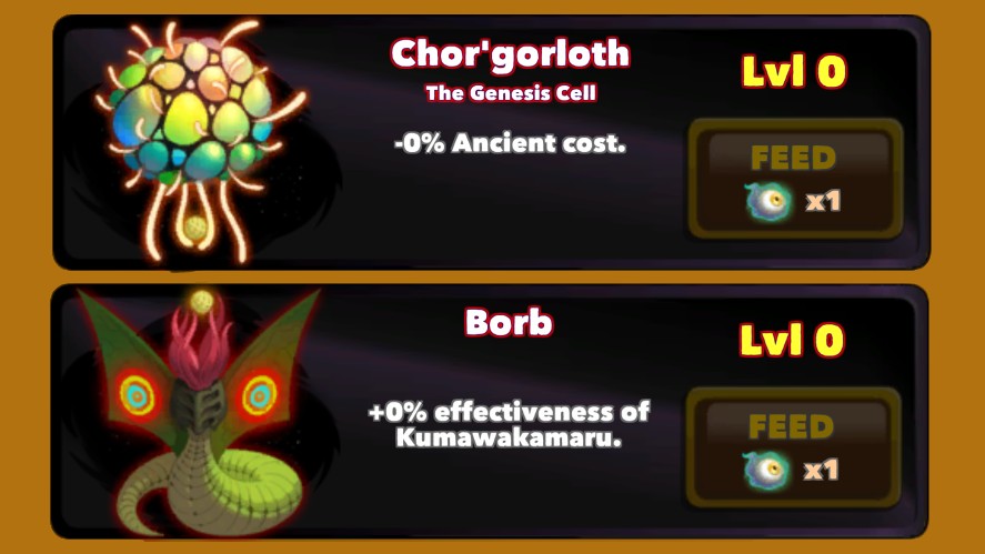 A Clicker Heroes Outsider menu interface displaying level 0 status panels for Chor'gorloth and Borb