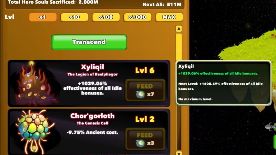 A screenshot from Clicker Heroes displaying the Transcendent Power menu, showing a player over-invested in the Outsider Xyliqil at level 6 with a +1039.06% bonus to idle effectiveness.