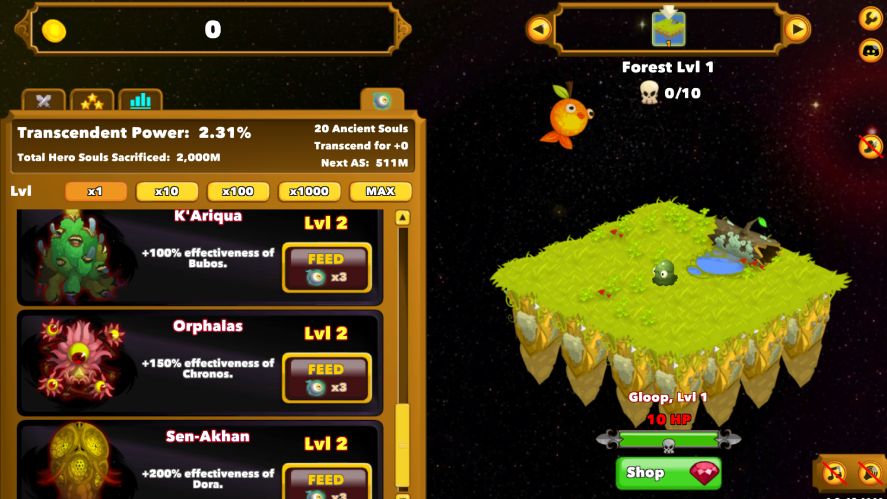A Clicker Heroes gameplay interface showing an evenly distributed allocation of Ancient Souls across multiple Outsiders, including level 2 upgrades for K'Ariqua, Orphalas, and Sen-Akhan.