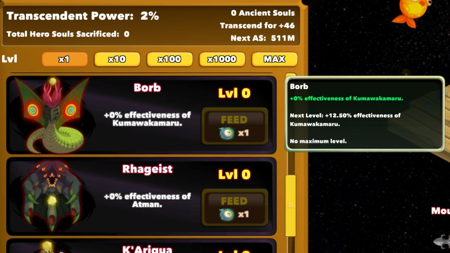 Gameplay screenshot of Clicker Heroes showing the Outsiders menu with Borb and Rhageist, featuring a tooltip for Borb.
