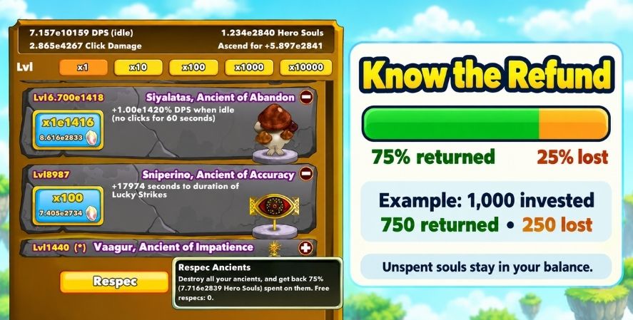 Ancient respec tooltip beside an example showing 750 Hero Souls returned and 250 lost from 1,000 invested.
