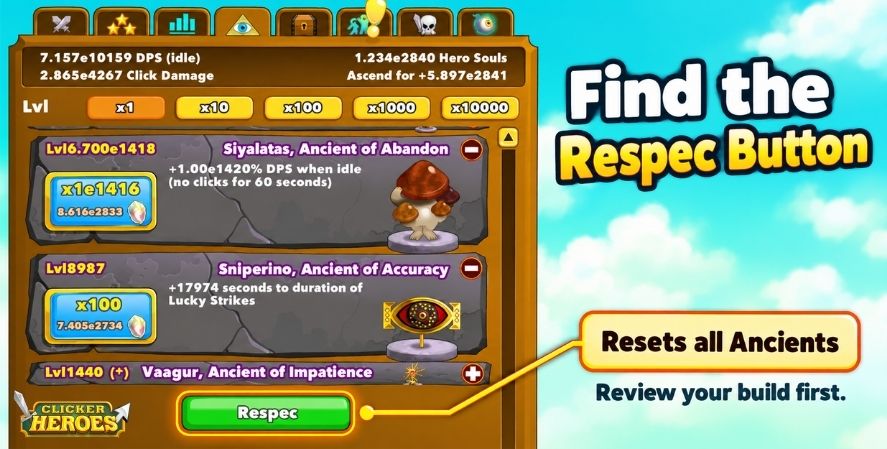 Clicker Heroes Ancients panel with the Respec button highlighted below the Ancient cards.