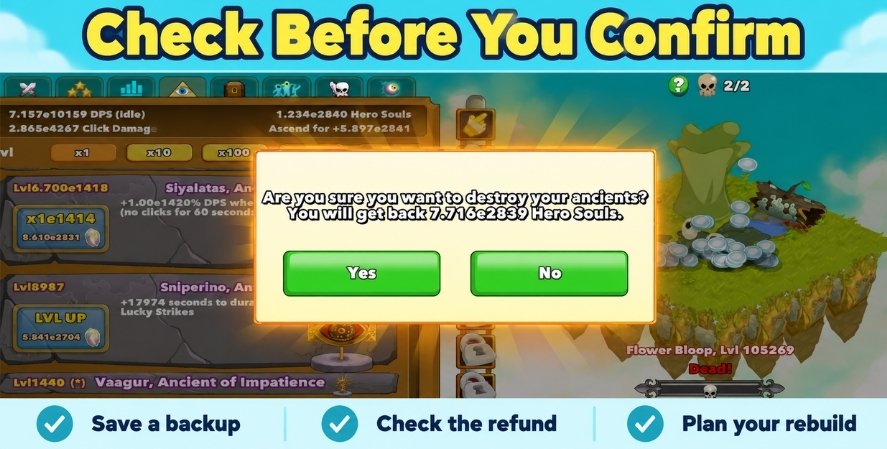 Clicker Heroes Ancient respec confirmation dialog with Yes and No buttons and a pre-reset checklist.